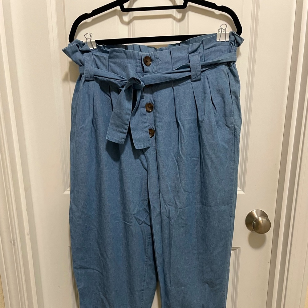 Dip size 16 paper bag tie style pants, lightweight denim color, ankle lengths